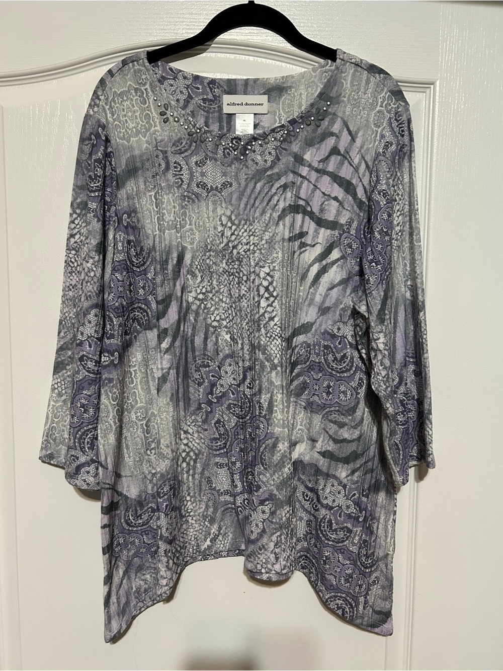 Alfred Dunner Gray and Purple Patterned Jewel-Neck Tunic